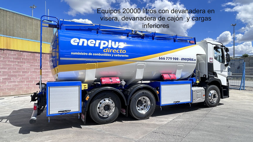 camión cisterna para el suministro de combustibles y carburantes, con equipos de 20.000 litros, devanadera en visera, devanadera de cajón y cargas inferiores
