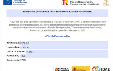 Proyecto acogido al programa de incentivos ligados al autoconsumo y almacenamiento, con fuentes de energía renovable, así como a la implantación de sistemas térmicos renovables en el sector residencial en el marco del Plan de Recuperación, Transformación y Resiliencia, financiado por la Unión Europea – NextGenerationEU
